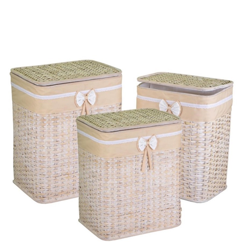 Cestino per la biancheria di rattan bianco Songmics