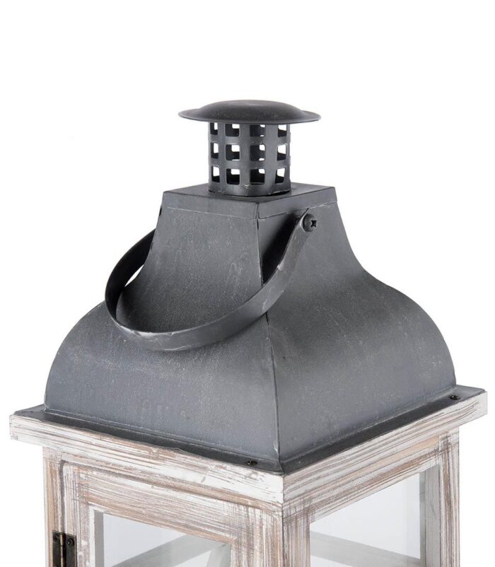 Lanterna decorativa con struttura in legno e vetro e dettagli in metallo scuro