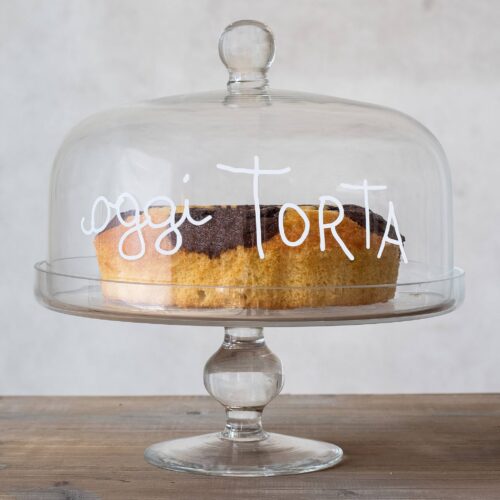 Alzata porta torta in vetro con coperchio e con scritta "Oggi Torta"