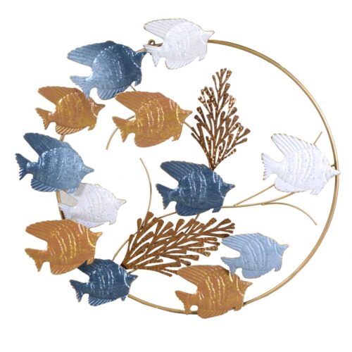 Pannello pesci in metallo blu oro da appendere