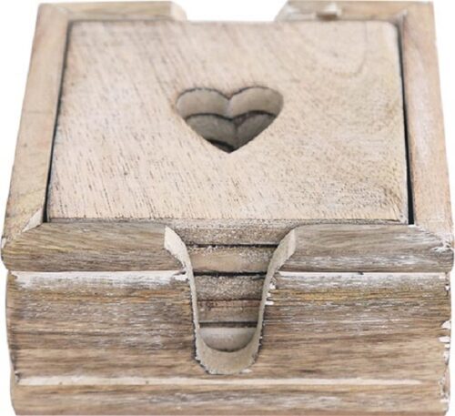 Set 6 sottobicchieri cuore in legno con scatolina