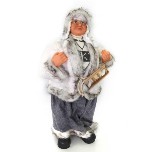 Nonna Babbo Natale in tessuto grigio con slitta H 60 cm.