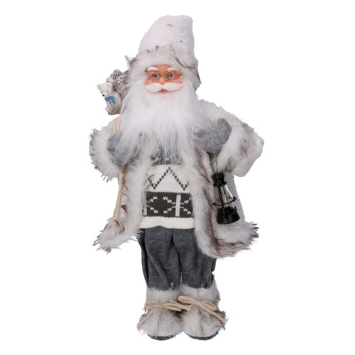 Babbo Natale in tessuto grigio con lanterna e regali H 60 cm.