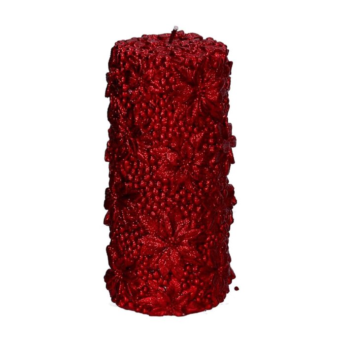Candela rossa con fiori e bacche diam. 7 H 15 cm.