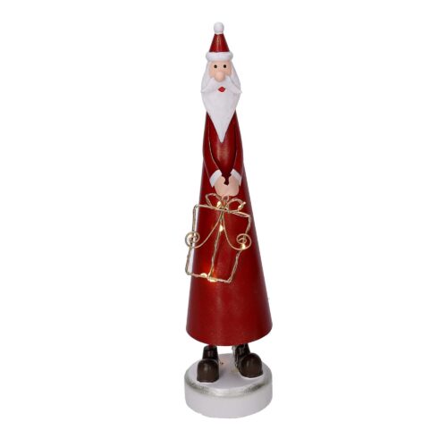 Babbo Natale in metallo rosso con pacco regalo e led