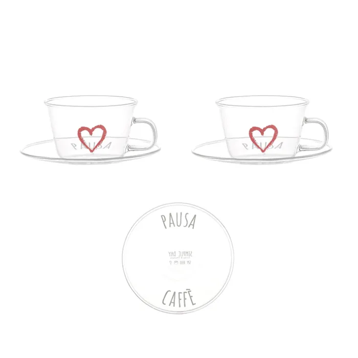 Set 2 tazzine espresso con piattino in vetro borosilicato decoro Pausa Caffè cuore rosso