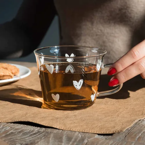 Set 2 tazze tè o cappuccino in vetro borosilicato decoro Cuori