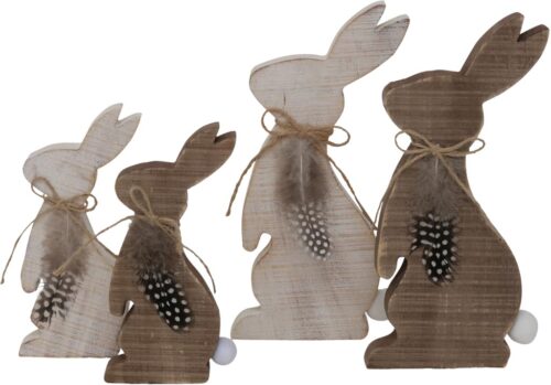Coniglietto in legno con cordino e piuma decorativa