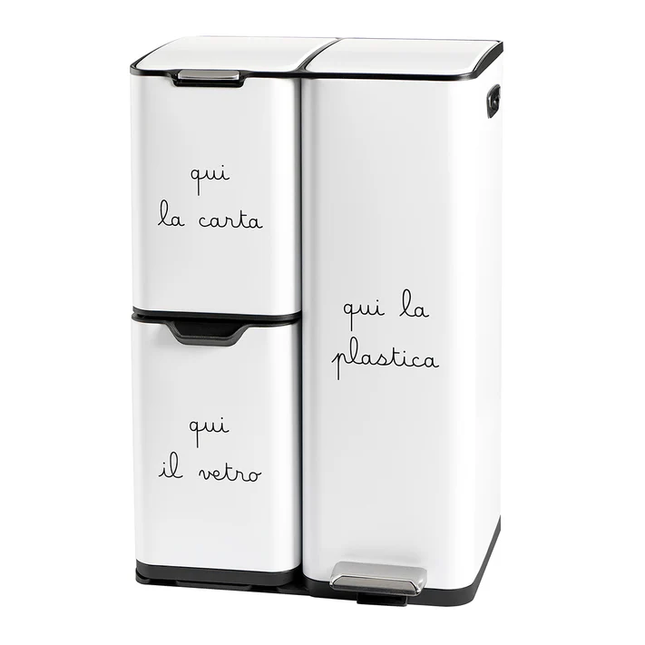 Pattumiera da interno bianca con 3 scomparti decoro Carta Plastica Vetro Pattumiera da interno bianca con 3 scomparti decoro Carta Plastica Vetro