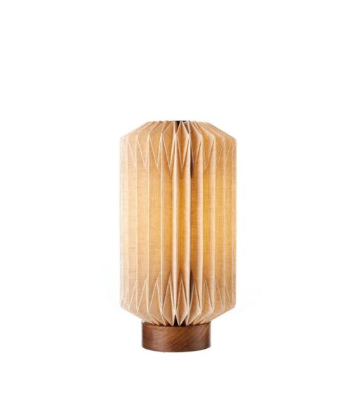 Lampada da tavolo in legno con paralume in lino