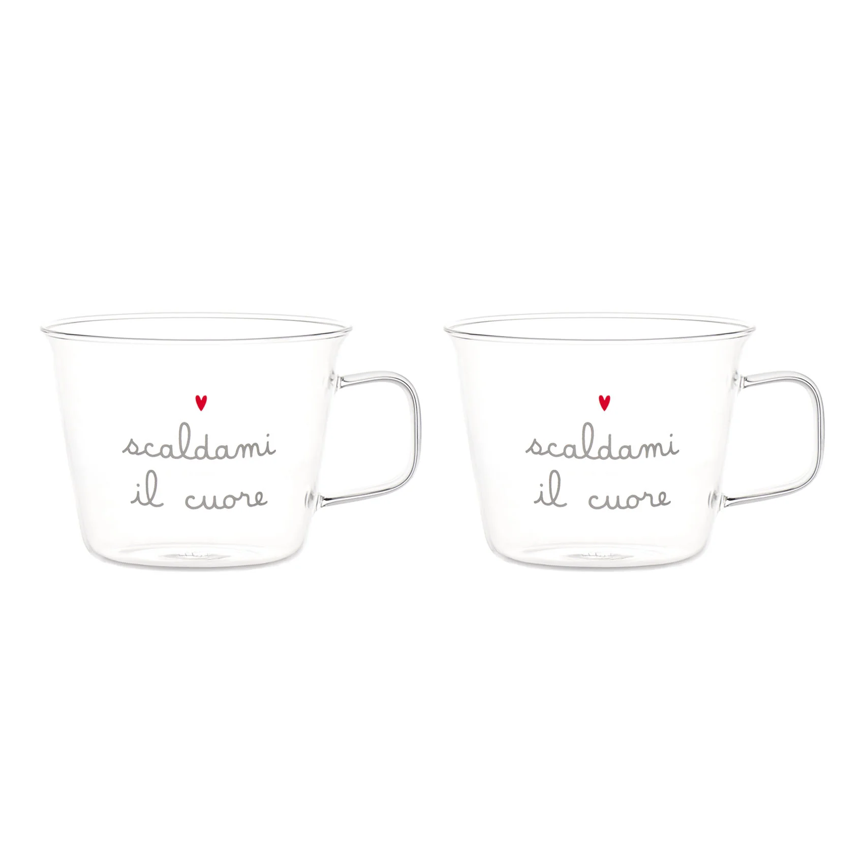 Set 2 tazze colazione in vetro borosilicato decoro Scaldami il cuore Set 2 tazze colazione in vetro borosilicato decoro Scaldami il cuore