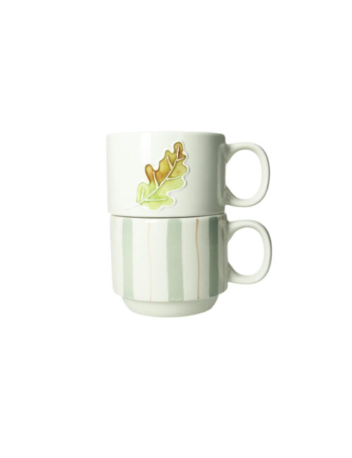 Set 2 tazze impilabili decoro foglia e righe