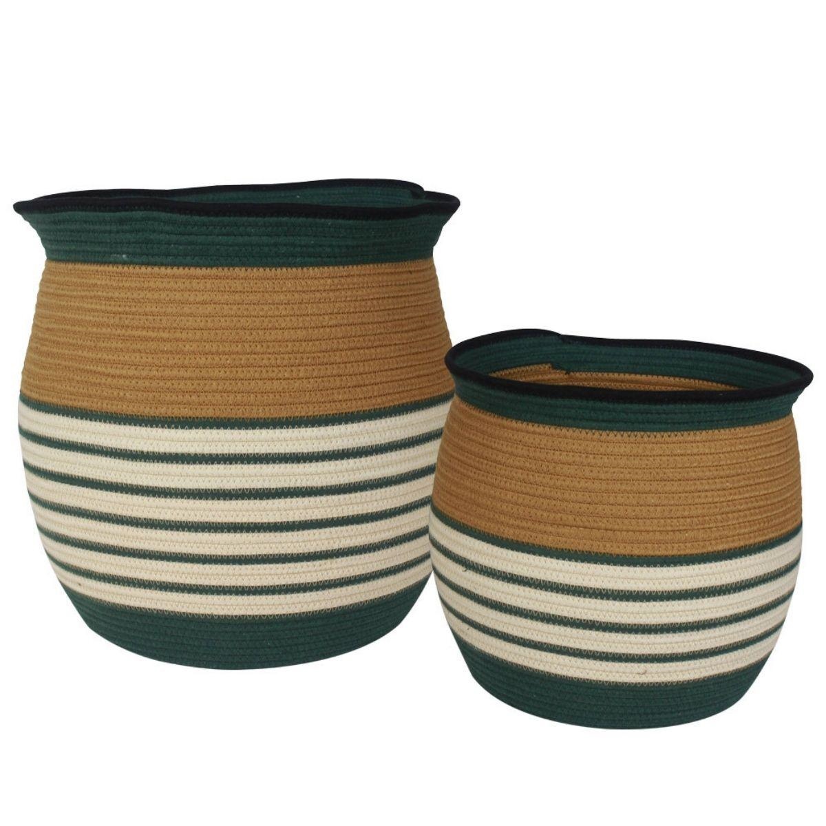 Cesto rotondo in cotone color ocra e verdone