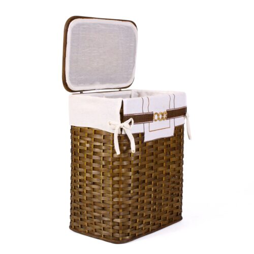 Panier à Linge Vintage En Osier Blanc – Avec Couvercle Et Anses, Motifs Fleuris, 51x40x25 Cm