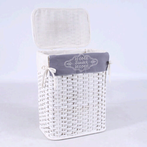 Panier à Linge Vintage En Osier Blanc – Avec Couvercle Et Anses, Motifs Fleuris, 51x40x25 Cm