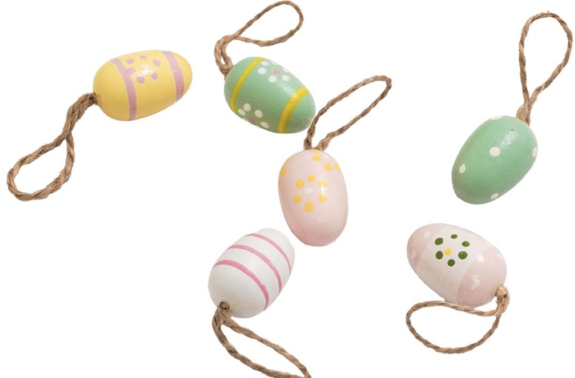 Set 6 uova decorate da appendere in legno