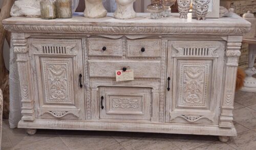 Credenza 3 ante + 3 cassetti in legno di mango intarsiato sbiancato